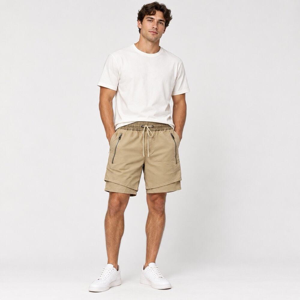 Embellish Men’s Size 30 Khaki Layered Shorts Zip Pockets Drawstring Streetwear